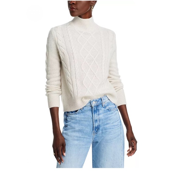 Luxurious 100% Cashmere Mock Neck Cable Cashmere Sweater By Aqua in Oatmeal - Picture 1 of 8